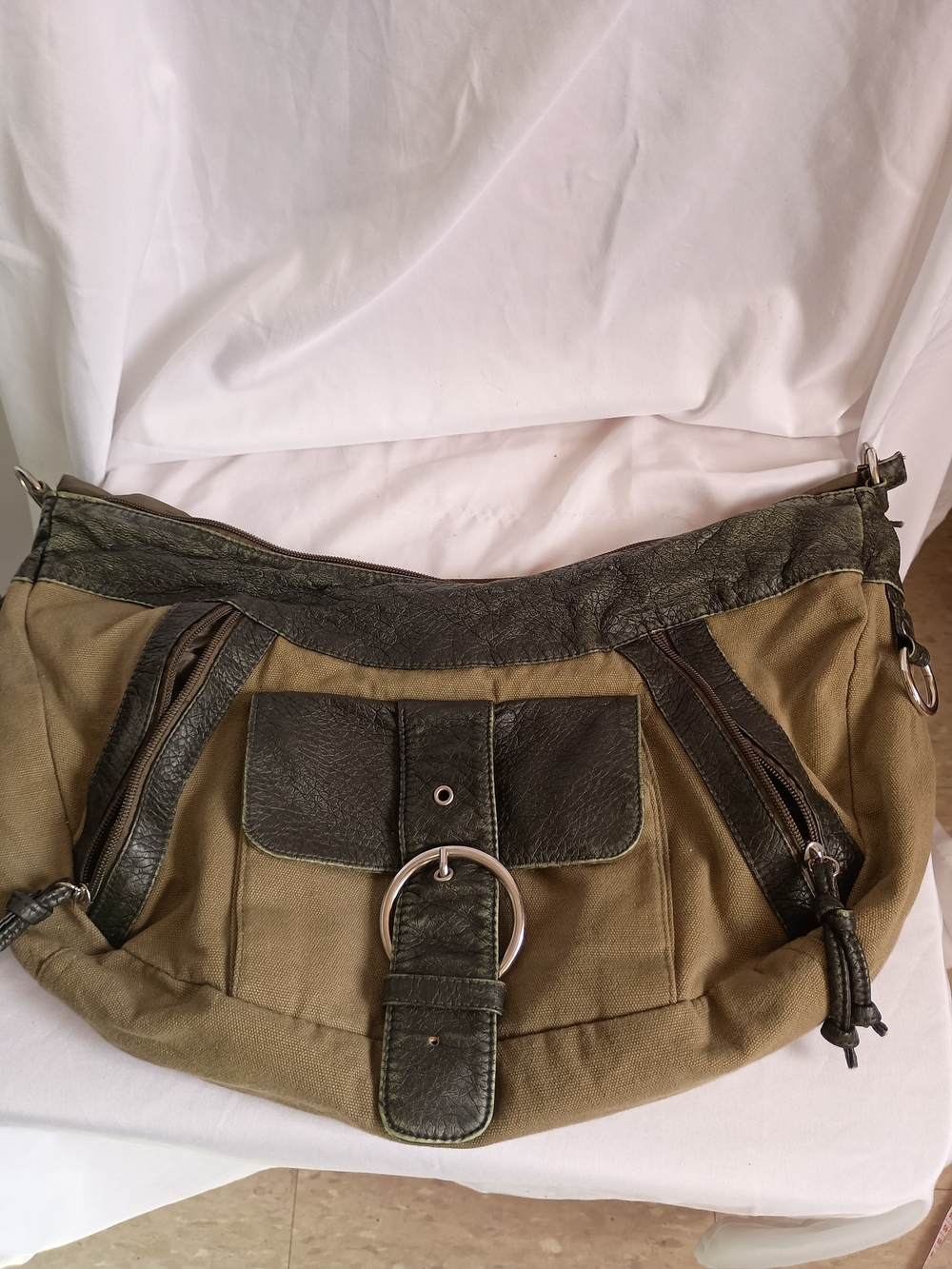 Olive Green Canvas Messenger Bag with Dark Trim and Ring Accent